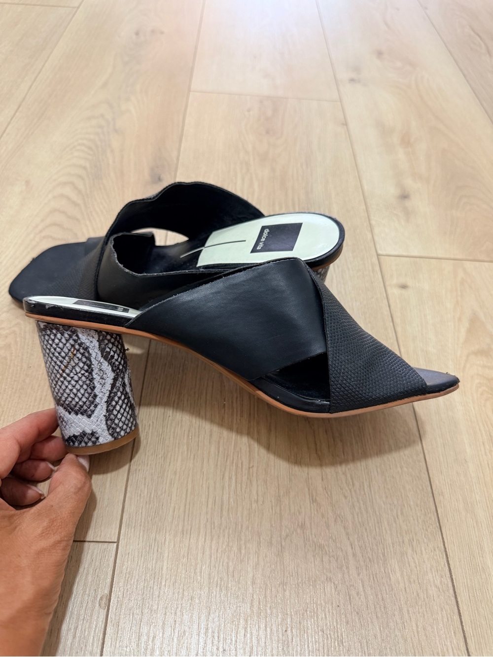Dolce Vita Black Cross Front Snake-Print Heeled Mule Sandals